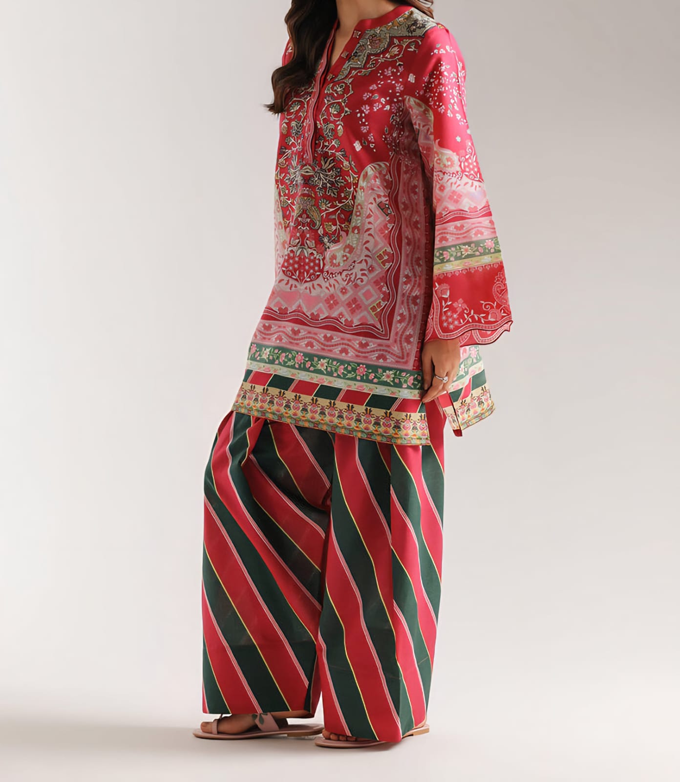 Printed 2 Piece Lawn Suit – Pink & Green