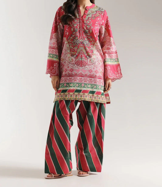 Printed 2 Piece Lawn Suit – Pink & Green