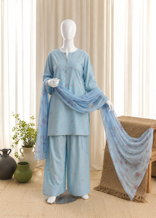 Sky Blue Printed 3 Piece Suit for Women