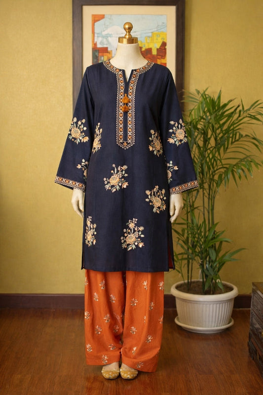 Navy Blue Embroidered 2 Piece Suit for Women