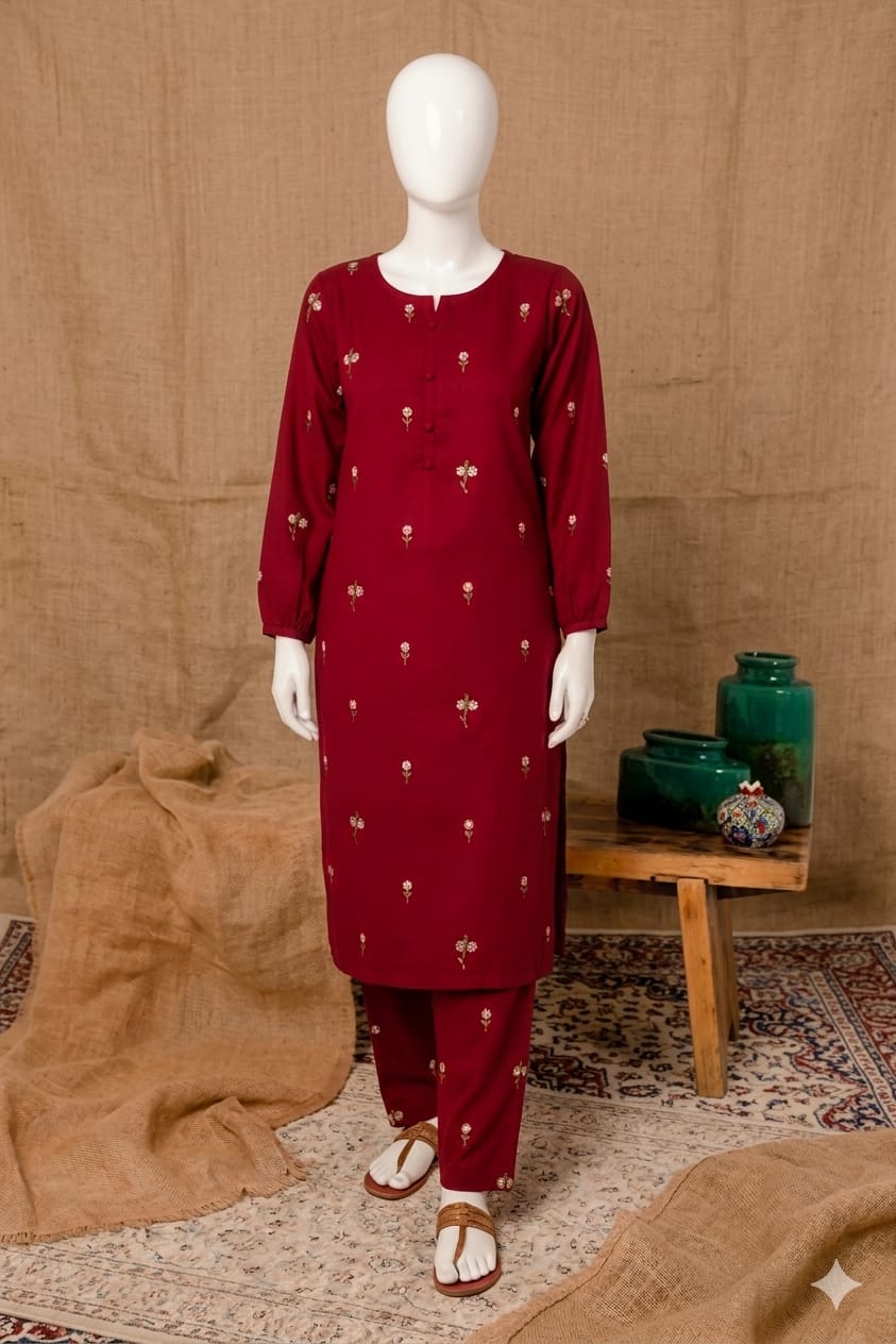 Maroon Embroidered 2 Piece Suit for Women