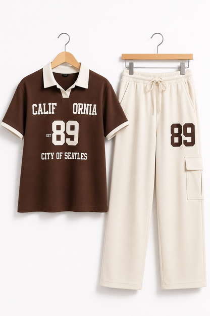 California 89 Polo T-Shirt & Wide Leg Cargo Pants Co-Ord Set