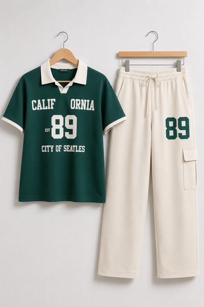 California 89 Polo T-Shirt & Wide Leg Cargo Pants Co-Ord Set
